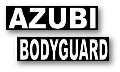 74_0 Fettgedruckter Text mit der Aufschrift „AZUBI BODYGUARD“ auf schwarzem Hintergrund.