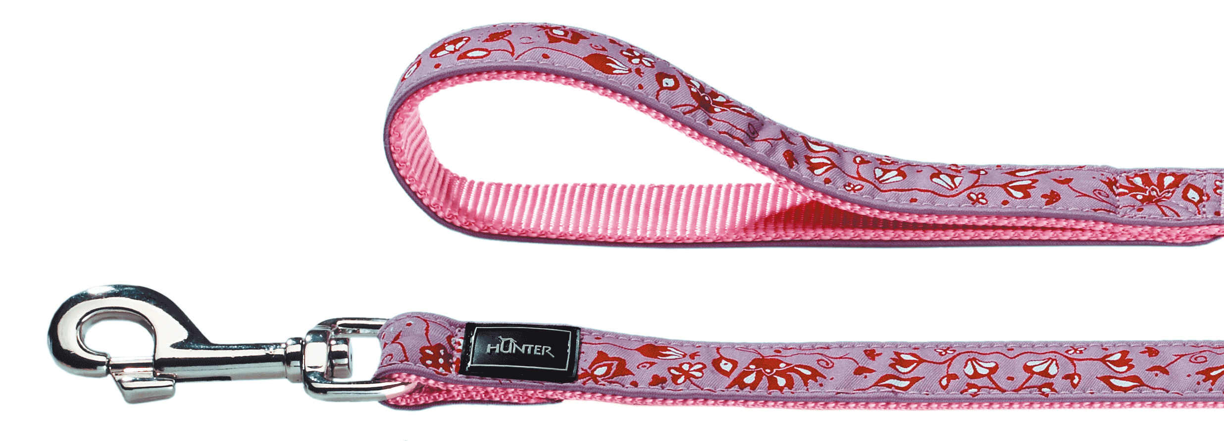 90_1 Hundeleine mit rosa Blumenmuster, stabilem Clip und weich gepolstertem Griff für mehr Komfort.